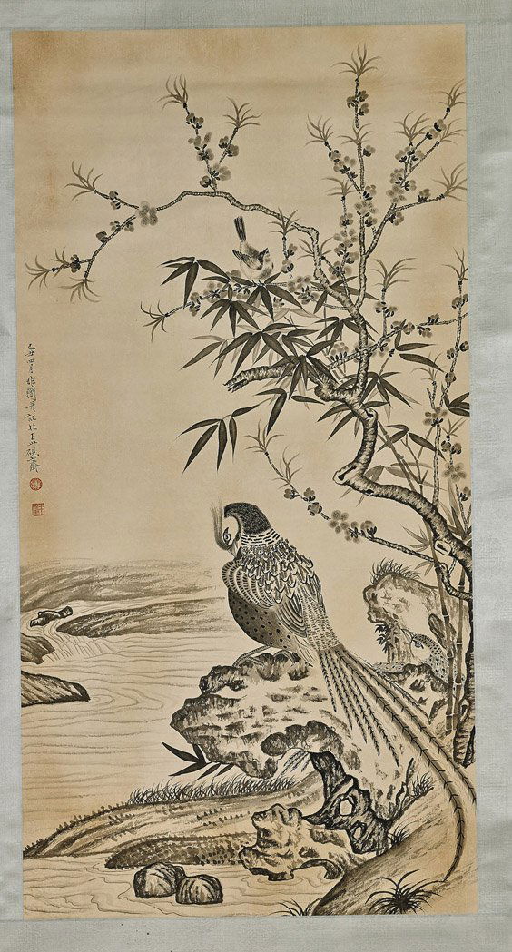 2 Chinese Paper Scrolls: Bird & Butterflies: 2 Chinese Paper Scrolls: Bird & ButterfliesTwo Chinese paper scrolls: one depicting a long tailed bird perched beneath blossoming branches on the shore, in ink and wash; the other in ink and colors, o
