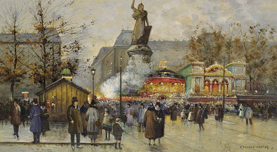 FRENCH OIL PAINTING BY ÉDOUARD CORTÈS: FRENCH OIL PAINTING BY ÉDOUARD CORTÈSFinely detailed, oil on board painting by Édouard Cortès (French-Spanish, 1882-1969); entitled "Place de la Republiqué", depicting a lively and bustling Paris