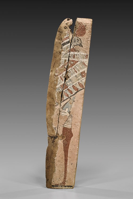 ANCIENT EGYPTIAN SARCOPHAGUS FRAGMENT: ANCIENT EGYPTIAN SARCOPHAGUS FRAGMENT Ancient Egyptian painted wood panel/fragment from a sarcophagus; depicting Horus the Sun God in the upper section, and Min the Fertility God below, separated by c