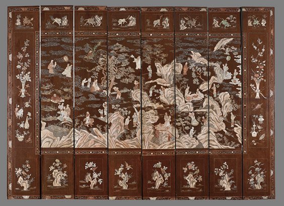 ANTIQUE EIGHT-PANEL COROMANDEL SCREEN: ANTIQUE EIGHT-PANEL COROMANDEL SCREEN Large and antique, Chinese eight-panel carved Coromandel lacquer screen; with design of immortals and attendants in a continuous landscape amid swirling clouds, t