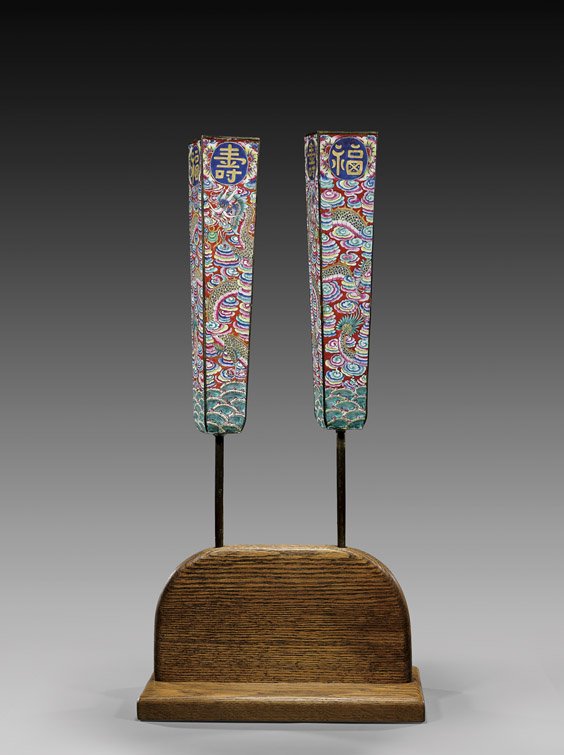 PAIR ANTIQUE ENAMEL ON COPPER CANDLEHOLDERS: PAIR ANTIQUE ENAMEL ON COPPER CANDLEHOLDERS Pair of antique, Chinese enamel on copper dragon candleholders; each of unusual, elongated squared tapered form atop a tall stick support, decorated with wr