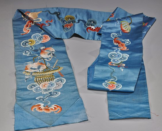 Old Chinese Embroidered Silk Panel: Old Chinese Embroidered Silk Panel Old Chinese embroided blue ground silk panel; with satin stitch design of peaches and bats among clouds (some unfinished edges); L: 104"