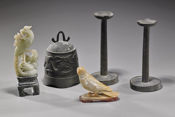 Group of Five Various Chinese Items: Group of Five Various Chinese Items Group of 5 various Chinese items, including: pair antique pewter candle holders (one bent); antique bronze bell with stylized dragon; and two carved soapstone birds