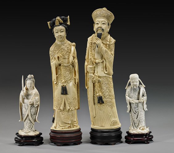 Two Pair Chinese Figures: Ivory & Composite: Two Pair Chinese Figures: Ivory & Composite Two pair Chinese figures: pair ivory-like standing Emperor and Empress, she with a scepter and he with a sword; together with a pair of carved ivory, early 