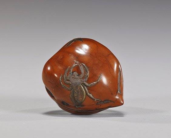 Antique Lacquered Walnut Netsuke: Antique Lacquered Walnut Netsuke Unusual antique lacquered walnut netsuke; polished form with design of a spider and flies, signed Jo-O or Tsune-O, with Kakihan (section of spider lacquer missing), la