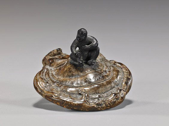 Antique Fungus & Wood Netsuke: Antique Fungus & Wood NetsukeUnusual antique natural fungus netsuke; with carved ebony wood monkey seated on top, Saru no koshikake (monkey's seat)