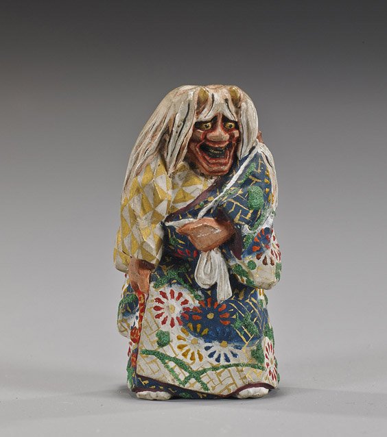Antique Carved & Painted Wood Netsuke: Antique Carved & Painted Wood Netsuke Antique carved wood netsuke, painted Ittobori style; of a Hanya dancer with white hair and floral robes, signed, 19th Century