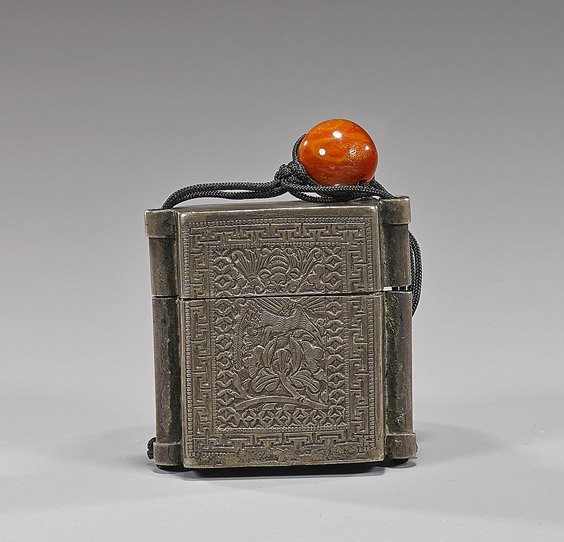 Antique Japanese or Chinese Tobacco Box: Antique Japanese or Chinese Tobacco Box Antique Japanese or Chinese silver or silvered tobacco box; of rectangular single-case form with dragon and pearl with bat design to one side, phoenix and bat t