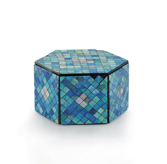 Small Old Opal Mosaic Appliqué Box: Small Old Opal Mosaic Appliqué Box Charming opal mosaic box; of hexagonal form, with slices of dark gray/black agate faced with squares of fire opal appliqué, in a wide range of blue tones (some los