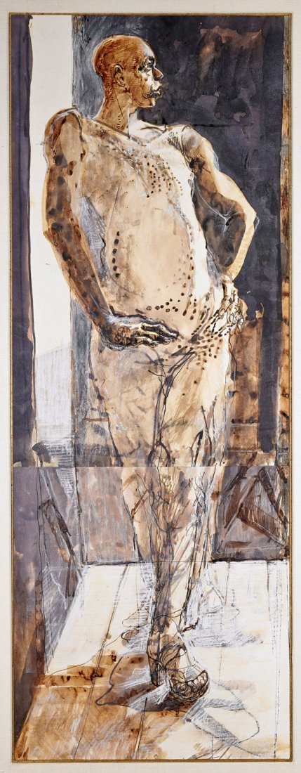 Framed Multimedia Flatwork by J. Lincoln: Framed Multimedia Flatwork by J. Lincoln Multimedia flatwork by John Lincoln (Canadian, b. 1944): depicting a standing bald figure in an unusual pose; 59" x 18", framed; Provenance: Jack Willis Irrevo