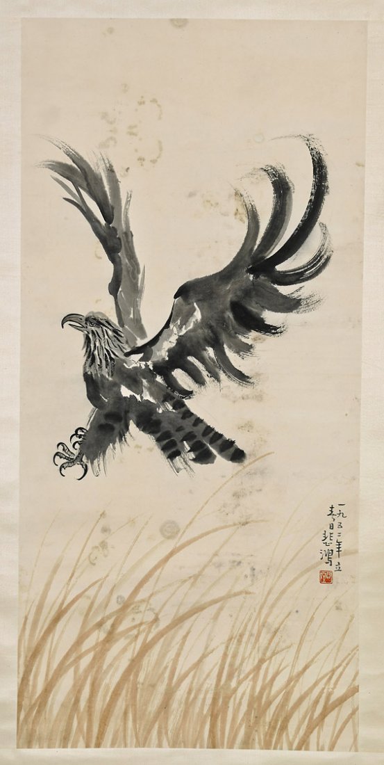 Two Chinese Paper Scrolls: Birds: Two Chinese Paper Scrolls: Birds Two Chinese ink and colors on paper scrolls; one depicting an eagle landing in a meadow of tall grass; the other of a crow among branches, inscription and seal mark to