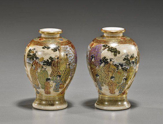 Pair Miniature Japanese Satsuma Vases: Pair Miniature Japanese Satsuma VasesPair well detailed, early 20th Century Japanese Satsuma earthenware miniature vases; each ovoid form and with figural motifs, each signed and with mon; H: 3 1/8" (