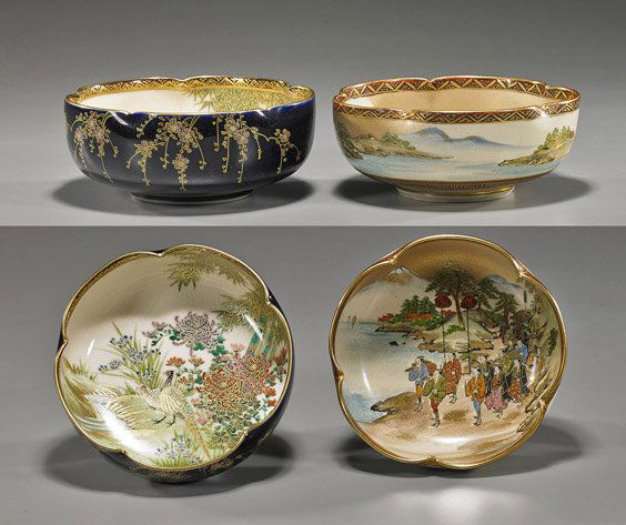 Two Old Japanese Satsuma Bowls: Two Old Japanese Satsuma BowlsTwo early 20th Century, Japanese Satsuma earthenware foliate bowls: one with interior procession scene, the exterior with continuous landscape; the other with interior ph