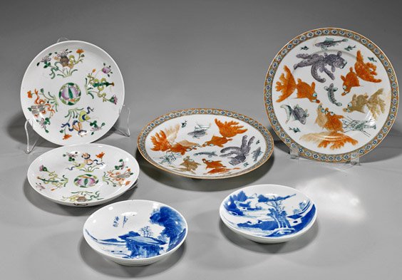 Three Pair Antique Chinese Porcelain Dishes: Three Pair Antique Chinese Porcelain DishesThree pair antique Chinese porcelain dishes: blue and white with various landscape designs, one signed; Famille Rose with Buddhist emblems; and fish design w