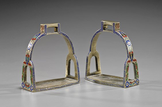 Pair Antique Chinese Enamel & Bronze Stirrups: Pair Antique Chinese Enamel & Bronze StirrupsPair antique Chinese bronze stirrups; each with champlevé enamel butterfly and floral designs; H: 5 1/4" (each); with Certificate of Authenticity from C.
