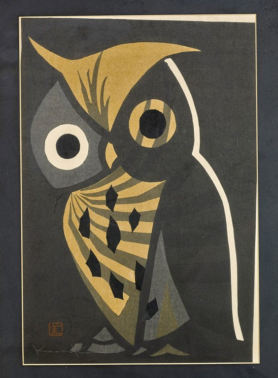 Woodblock Print by Kaoru Kawano: Woodblock Print by Kaoru Kawano Japanese woodblock print by Kaoru Kawano (1916 - 1965); depicting a stylized owl (sliding in frame); 15" x 10", framed