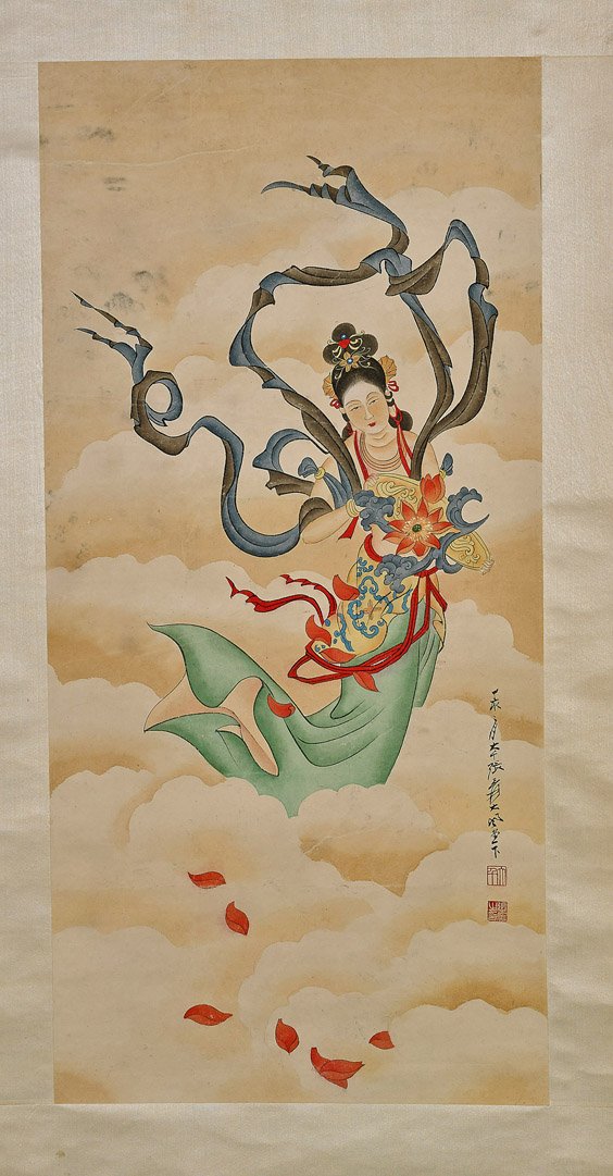 Chinese Paper Scroll: Celestial Beauty: Chinese Paper Scroll: Celestial BeautyChinese ink and colors on paper scroll; depicting a celestial beauty among clouds dressed in colorful robes, holding flowers and objects, inscription and seal mar