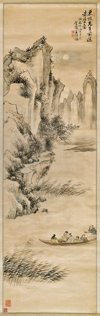 CHINESE LANDSCAPE PAINTING BY WANG YIN: 王寅（1830-1906） 赤壁前遊圖 設色絹本 題識：東坡先生前遊赤