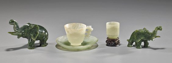 Group of Five Various Old Chinese Carvings: Group of Five Various Old Chinese Carvings Group of 5 old Chinese carvings, including: two spinach jade standing elephants with trunks raised; translucent bowenite cup and saucer; and miniature boweni
