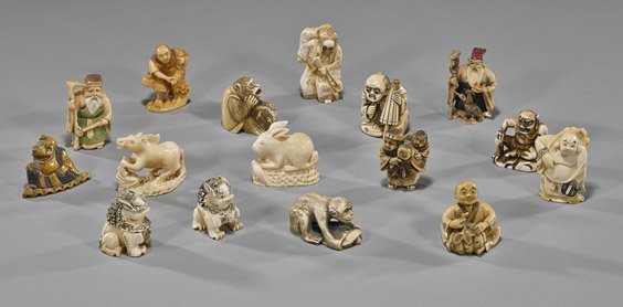 Group of Sixteen Old Carved Ivory Netsuke: Group of Sixteen Old Carved Ivory Netsuke Group of 16 old carved ivory netsuke; various figural and animal motifs, most signed, some with polychrome, some stained