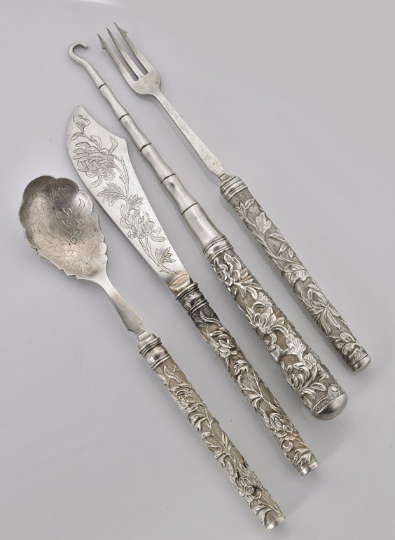 Group of Antique Chinese Export Silver: Group of Antique Chinese Export Silver Group of antique Chinese Export silver including: spoon, knife, fork, and button hook, all with floral designs to handles; spoon with foliate rims, hallmarks to 