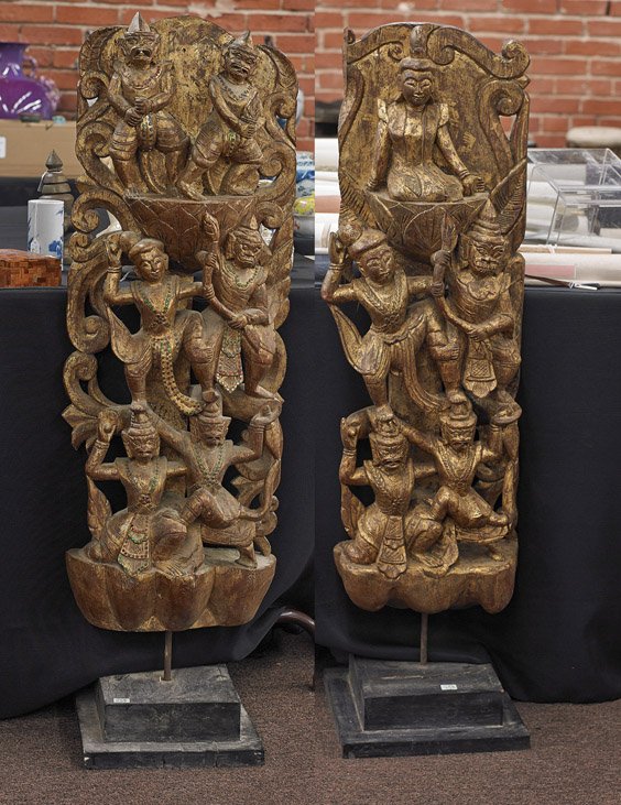 Pair Antique Southeast Asian Wood Ornaments: Pair Antique Southeast Asian Wood Ornaments Pair tall and antique (probably Thai or Burmese), carved wood architectural ornaments; both parcel gilt with mythical creatures, one "jeweled" (normal wear)