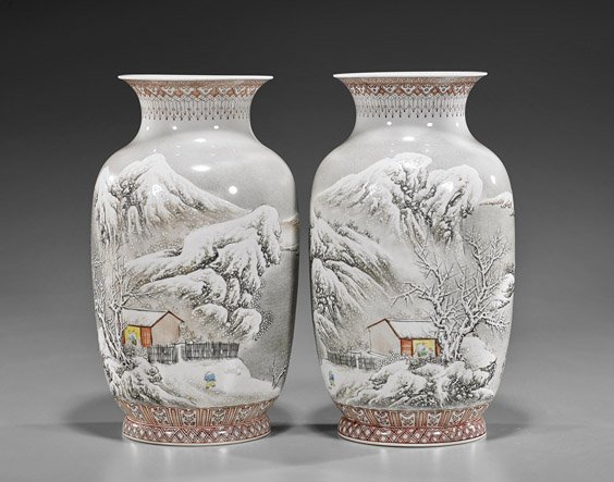 Pair Finely Enameled Chinese Porcelain Vases: Pair Finely Enameled Chinese Porcelain Vases Pair of finely enameled, Chinese porcelain vases: each of ovoid form with somewhat mirror image designs of continuous winter landscape scenes; seal marks a