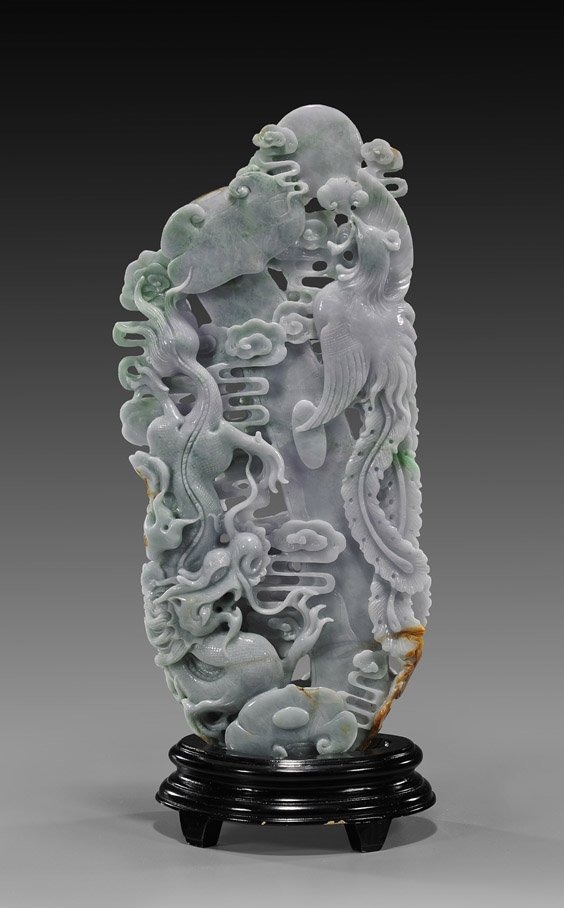 Chinese Carved Jadeite Dragon & Phoenix Group: Chinese Carved Jadeite Dragon & Phoenix Group Tall Chinese openwork carved jadeite group; of vertical composition and depicting a dragon and phoenix with ruyi scepter; in lavender coloration with ligh