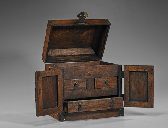 Chinese Hardwood Jewelry Chest: Chinese Hardwood Jewelry Chest Chinese finely grained hardwood jewelry chest; of rectangular form with hinged cover, double doors to the front and with 3 interior drawers; H: 10"