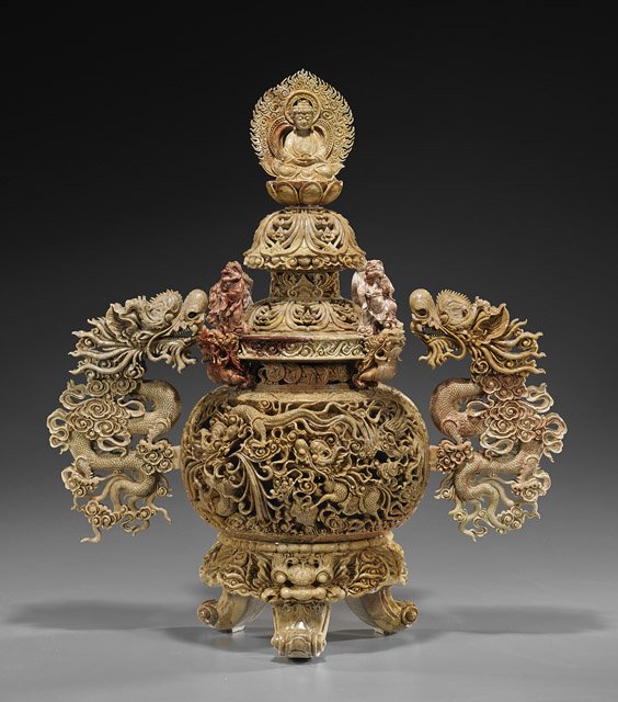 Extremely Heavy Chinese Carved Stone Censer: Extremely Heavy Chinese Carved Stone Censer Large and extremely heavy, Chinese carved soapstone(?) tripod censer: very detailed openwork dragon design around the body, four figures standing on platfor