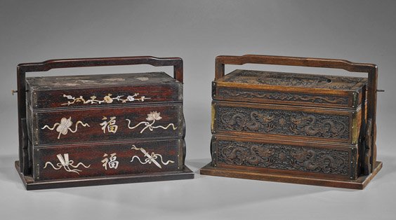 Two Chinese Hardwood Stacking Boxes: Two Chinese Hardwood Stacking Boxes Two 3-section Chinese hardwood stacking boxes: one with inlaid mother-of-pearl design of Mandarin ducks to the cover and with characters and Buddhist emblems front 
