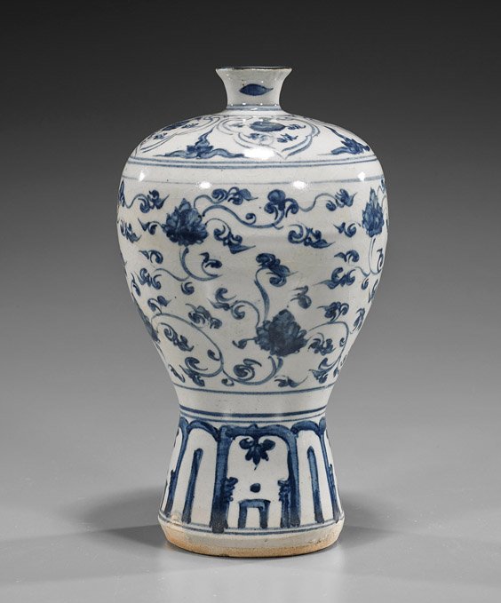 Ming Dynasty Blue & White Porcelain Vase: Ming Dynasty Blue & White Porcelain VaseChinese blue and white, soft-paste porcelain vase; of high-shouldered ovoid form with flared base and floral motifs; Ming Dynasty, probably 16th Century; H: 10