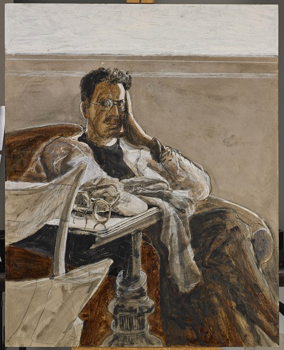Five Multimedia Flatworks by J. Lincoln: Five Multimedia Flatworks by J. Lincoln Group of 5, unframed multimedia flatworks on board by John Lincoln (Canadian, b. 1944): two depicting a seated shirtless young man; and three depicting a seated