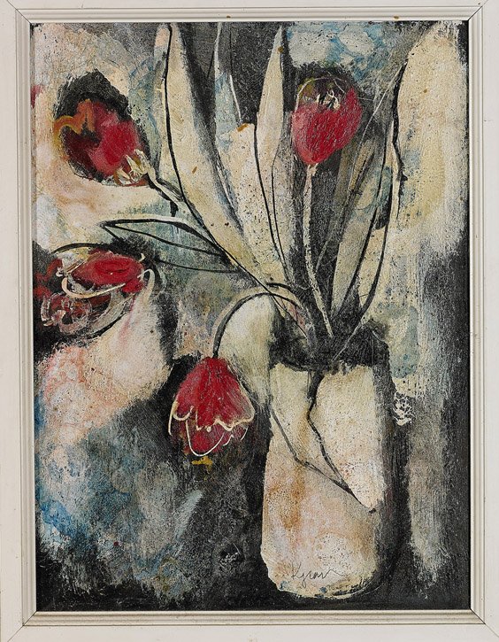 Three Various Framed Flatworks: Three Various Framed Flatworks Three various flatworks, including: black and white photograph of a log cabin on the plains; oil on panel depicting an abstract still life of tulips, signed Kyzour; and 