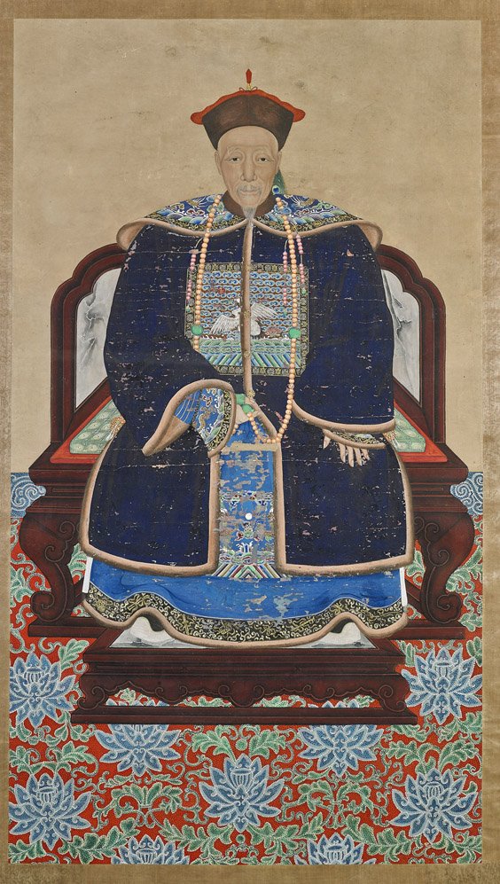 Antique Chinese Ancestral Portrait: Antique Chinese Ancestral Portrait Very finely detailed and antique, Chinese ancestral portrait on paper; depicting a Mandarin official, seated on a throne and wearing elaborate robes, cap and beads, 