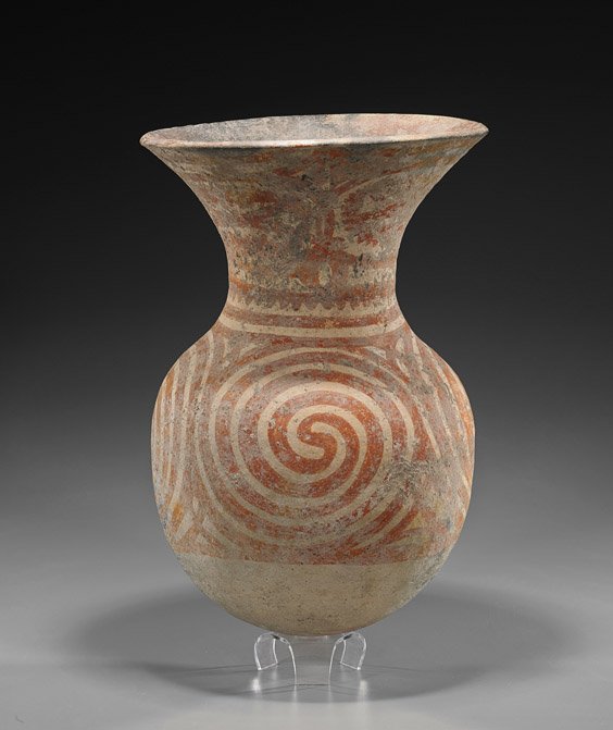 Ancient Thai Ban Chiang Pottery Vessel: Ancient Thai Ban Chiang Pottery Vessel Large and ancient Thai, Ban Chiang pottery vessel; a globular body with an everted rim and footed base decorated with a red continuous swirl pattern (cracks, rep
