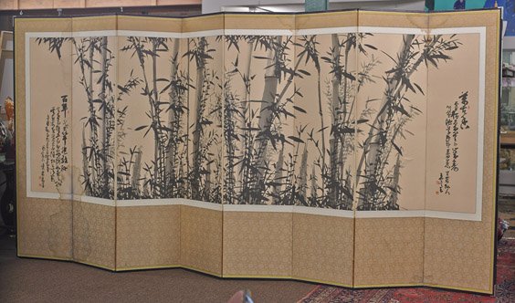 Chinese 8-Panel Paper Screen: Bamboo: Chinese 8-Panel Paper Screen: Bamboo Eight-panel Chinese paper screen; with continuous sumi-e design of bamboo and foliage and with calligraphy inscriptions and seal marks (tears, stains, and toned); 