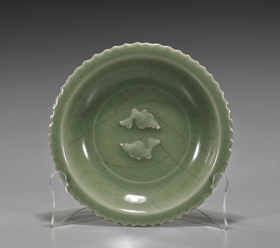 Chinese Southern Song Celadon Glazed Bowl: Chinese Southern Song Celadon Glazed BowlChinese Southern Song Dynasty, Longquan celadon glazed bowl; circular form, shallow and foliate rim, with twin fish design (some glaze crackle); D: 7 1/8"