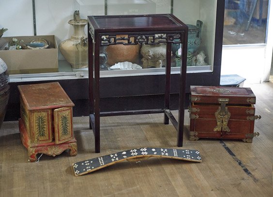Four Various Items: Chests, Table & Shield: Four Various Items: Chests, Table & Shield Group of four various items, including: rosewood jewelry box with shou emblem; antique Southeast Asian lacquer chest; probably African shield; together with 