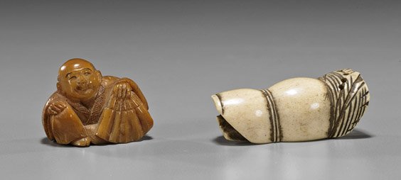 Two Carved Netsuke: Gourd & Figural: Two Carved Netsuke: Gourd & Figural Two carved netsuke: antique stag antler of somewhat double gourd form with hollow interior, late 19th Century; and an early 20th Century elephant ivory or vegetable