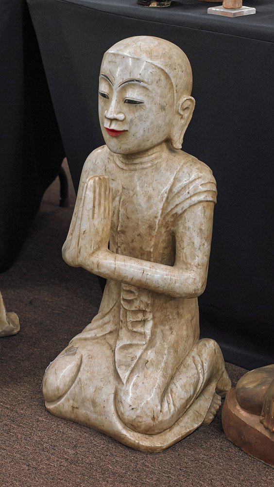 Antique Southeast Asian Marble Kneeling Figure: Antique Southeast Asian Marble Kneeling Figure Heavy and antique, Southeast Asian (probably Burmese) carved and polished marble statue; attendant with painted delicate facial features kneeling in pray