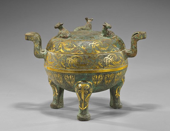 Large Chinese Archaistic Bronze Censer: Large Chinese Archaistic Bronze Censer Large and heavily patinated, Chinese archaistic Warring States-style bronze censer; tripod form with recumbent oxen to the cover, archaistic gilt inlay designs t
