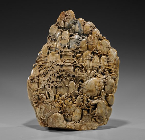 Massive Chinese Carved Soapstone Mountain: Massive Chinese Carved Soapstone Mountain Massive and very elaborately carved, Chinese soapstone mountain; carved completely in the round depicting various figures/Immortals walking along a mountain-s