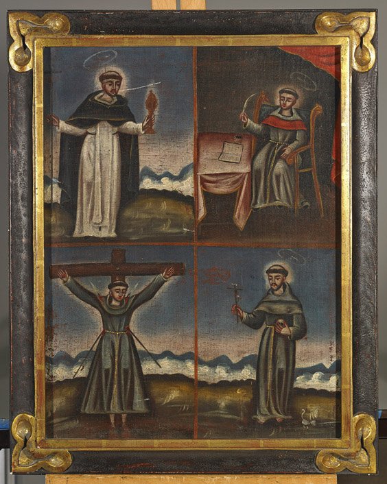 Antique Religious Painting of St. Philip of Jesus: Antique Religious Painting of St. Philip of Jesus Antique religious, probably from Latin America, painting on canvas; divided into four sections with different scenes of St. Philip of Jesus' life (wea