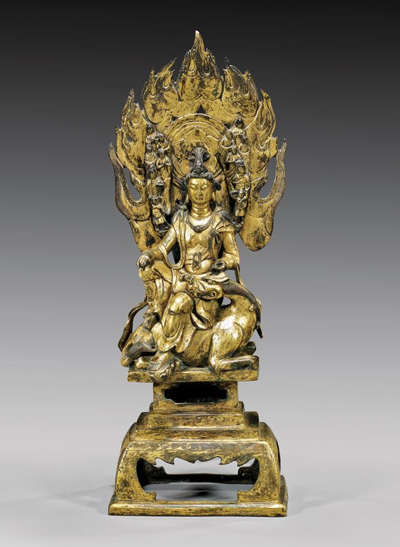 SONG-STYLE GILT BRONZE BUDDHIST GROUP: 瑬金銅菩薩坐像 SONG-STYLE GILT BRONZE BUDDHIST GROUP Very elaborately cast, Chinese gilt bronze Buddhist group; of a Bodhisattva seated in the position of Roy