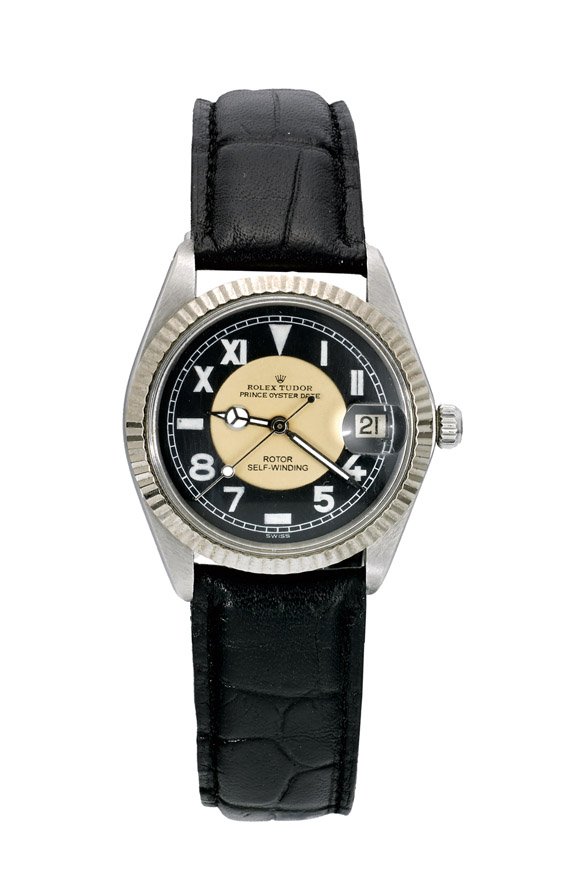 ROLEX TUDOR "PRINCE OYSTER DATE" WATCH: 勞力士雙色腕錶 ROLEX TUDOR "PRINCE OYSTER DATE" WATCH Rolex Tudor "Prince Oyster Date" self winding wristwatch: the upper half of the two-toned dial with Roma