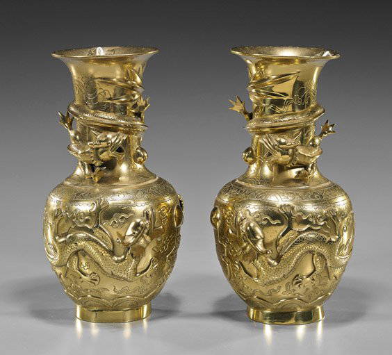 Pair Chinese Brass Dragon Vases May 04, 2014 I.M. Chait Gallery