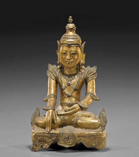 Antique Thai Gilt Papier-Mâché Temple Figure: Antique Thai Gilt Papier-Mâché Temple Figure Antique Thai gilt papier-mâché temple figure; seated in lotus position on a cushioned base with hands in mudra, decorated with mirrored "jewels" (wear 