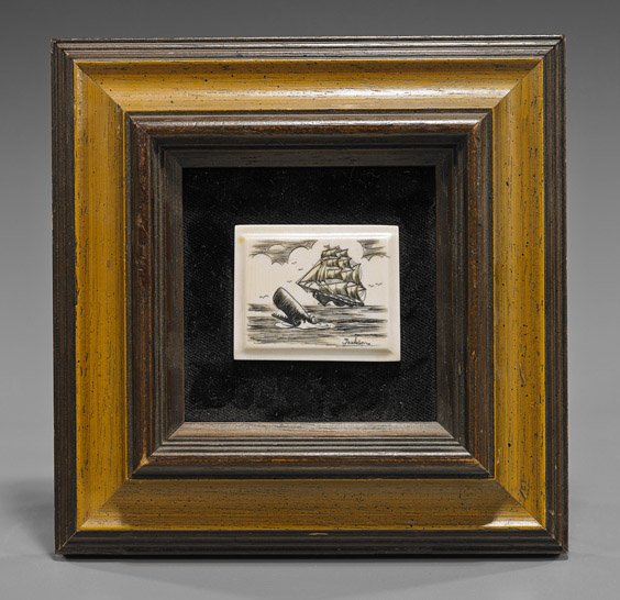 Antique Ivory Scrimmed Plaque by Jackson: Antique Ivory Scrimmed Plaque by Jackson Small antique ivory scrimmed plaque; rectangular form, depicting a sperm whale emerging from the sea and large two-mast boat in background, signed by Jackson; 