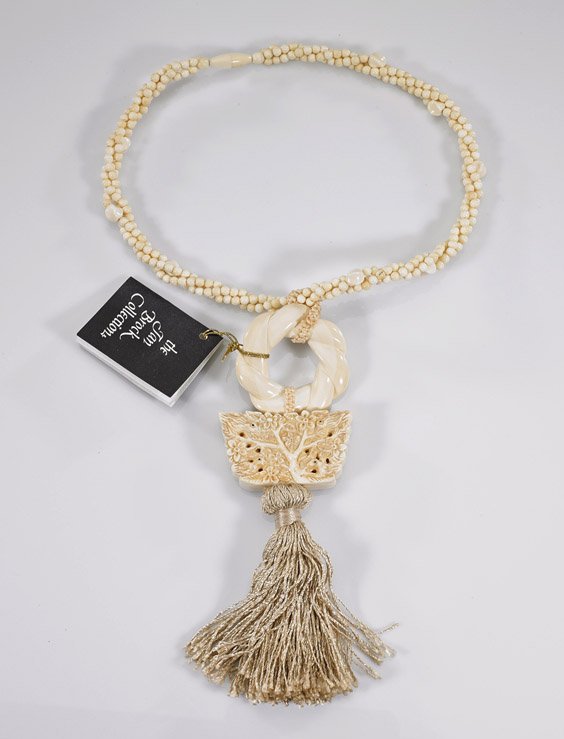 Chinese Carved Ivory Necklace: Chinese Carved Ivory Necklace Chinese carved ivory necklace; of choker length, with three strand circular beads and two pendants: antique carved fan holder pendant with birds and tree; together wtih i